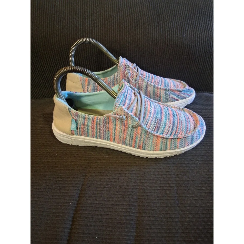 Hey Dude‎ Wendy Sox Sunset Pink Multi Color Knit Slip On Loafers Womens Size 6